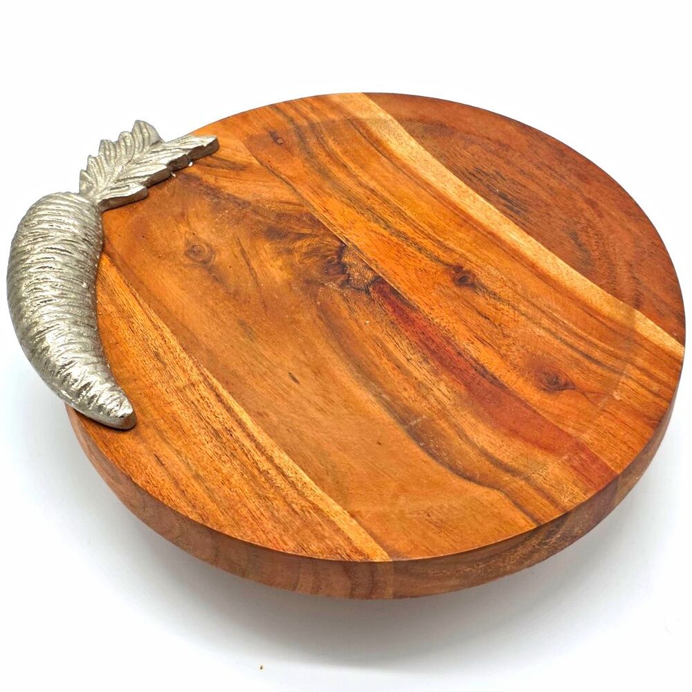 Handmade Harvest Collection Round Serving Board 12 in Wood/Metal Handle Brown